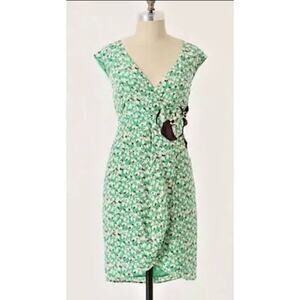 Anthropologie MOULINETTE SOEURS Undercurrent Green Silk Floral Dress, Size 0 🗣